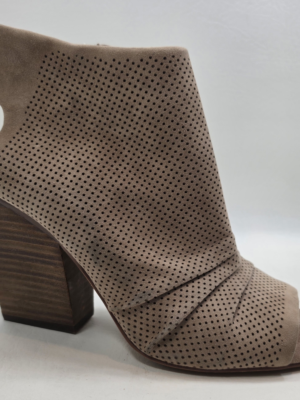 Vince Camuto Taupe Perforated Suede Block Heel Bootie